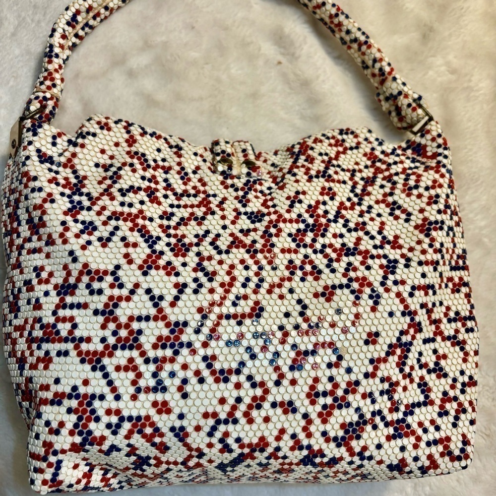 Lumured Vintage Purse Luma Mesh White Red Blue Flat Beaded Bag Bronze Hardware - Picture 6 of 14